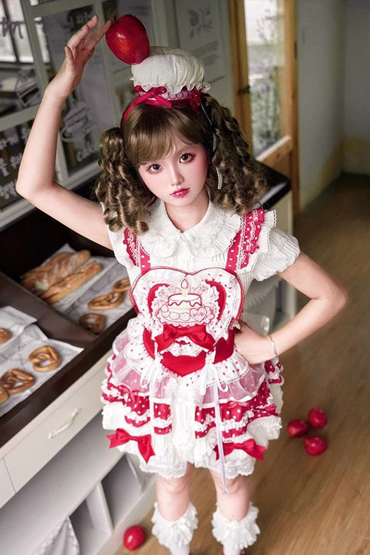 Red/White Twin Bears Birthday Cake Sleeveless Print Ruffle Bowknot Lace Sweet Lolita Small Flower Bud Dress