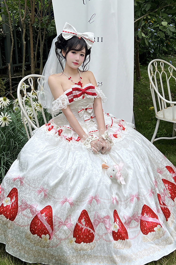 White True Love Strawberry Print Off Shoulder Sleeveless Ruffle Bowknot Lace Sweet Princess Lolita Dress Set