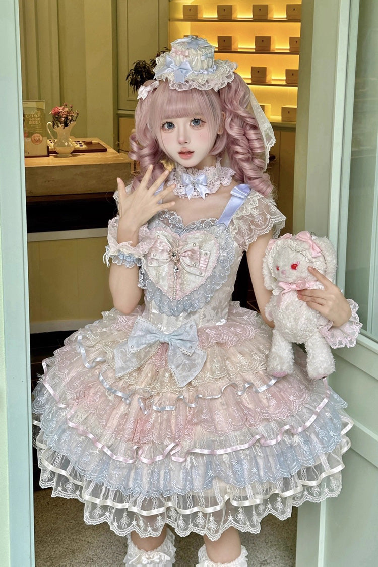 Rainbow Colors Ballad of Feathers Sleeveless Multi-Layered Ruffle Hanayome Bowknot Sweet Lolita Jsk Dress