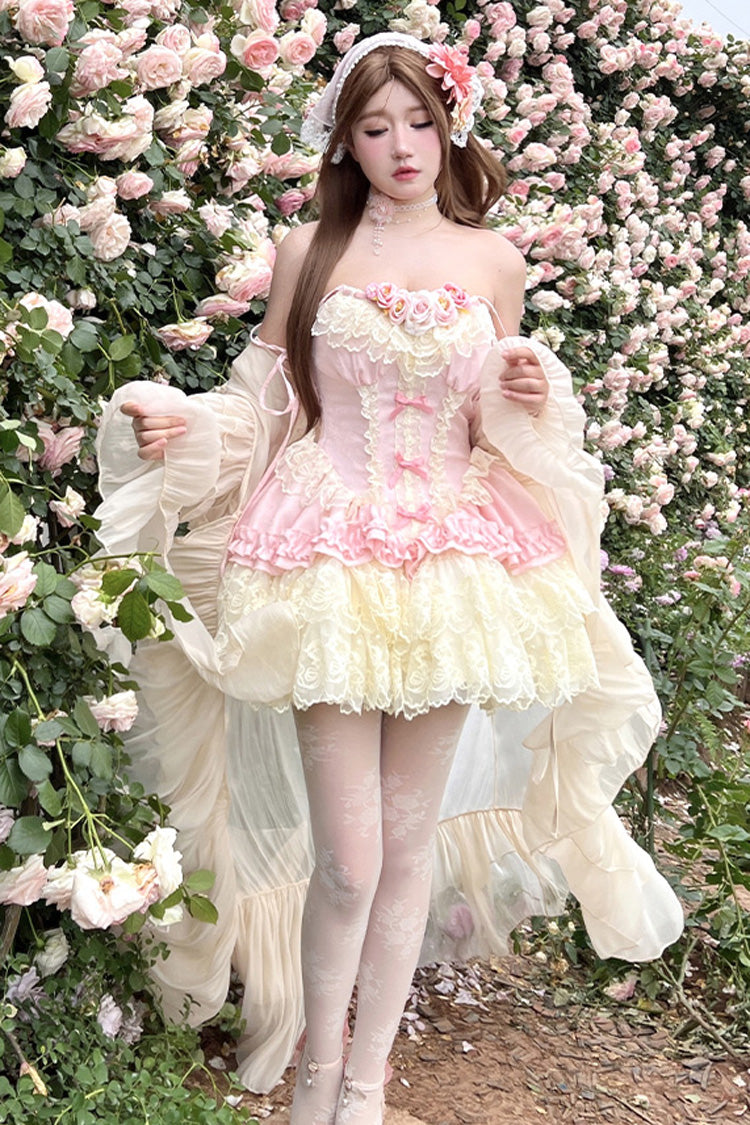 Pink Pure Dream Flower Love Multi-Layered Ruffle Embroidery Bowknot Lace Sweet Lolita Jsk Dress