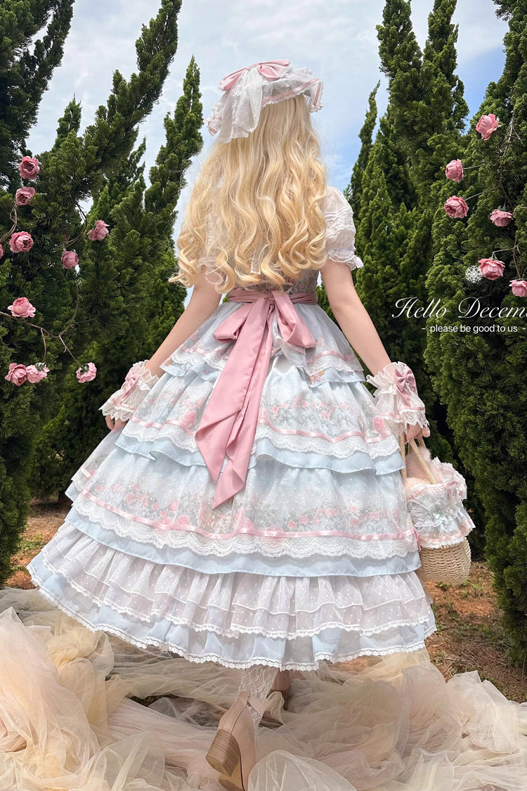 Multi-Color Rose Flower Cage Print Triple-Layered Ruffle Bowknot Sweet Elegant Lolita Jsk Dress