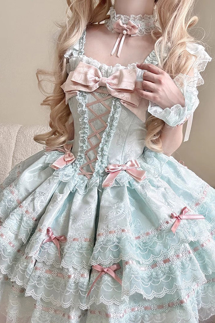 Green Flora Isle Butterfly Sleeveless Ruffle Bowknot Lace Lace-Up Sweet Elegant Lolita Jsk Dress