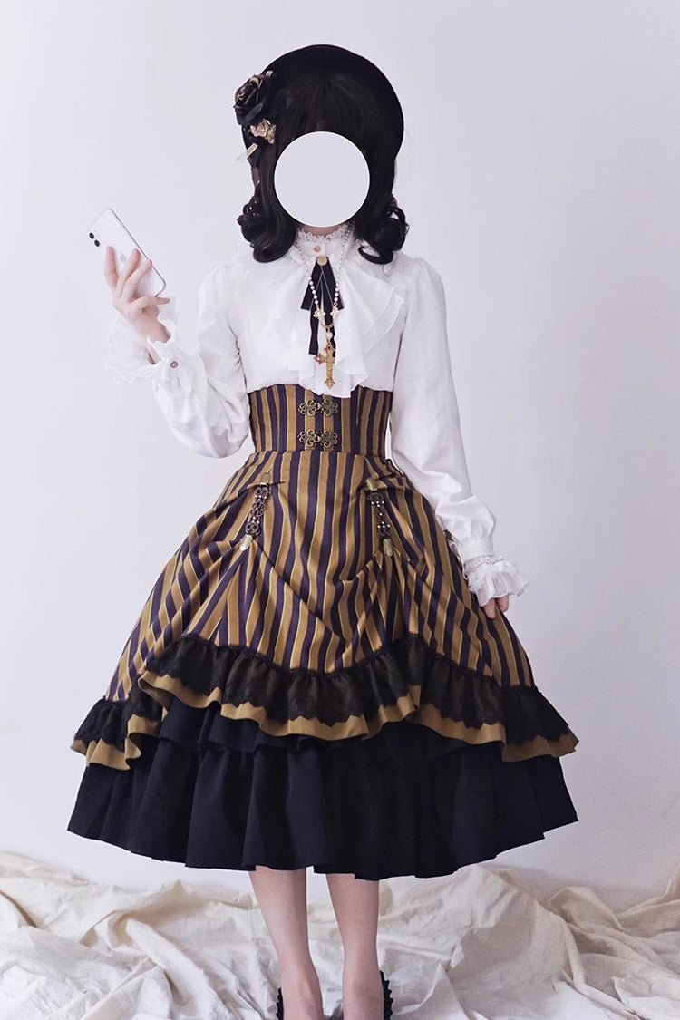 Point Manor Multi-layer Striped Print Ruffle Vintage Elegant Gothic Lolita Skirt 4 Colors