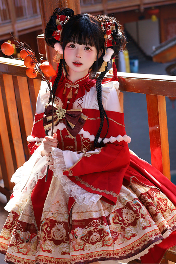 Red New Year Print Ruffle Bowknot Lace-Up Sweet Chinese Style Lolita Jsk Dress