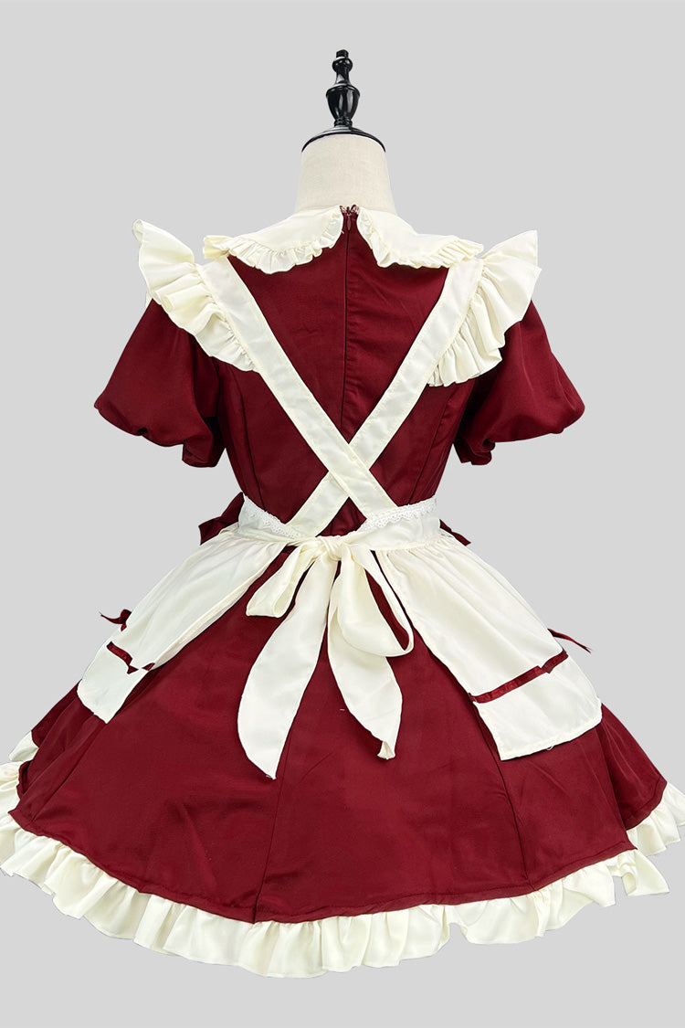 Wine/White Short Sleeves Ruffle Bowknot Lace Plus Size Sweet Maid Short Lolita Dress