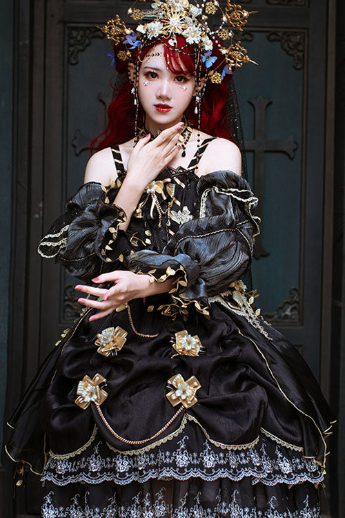 Black Vintage Elegant Court Style Embroidery Ruffled Classic Lolita JSK Dress