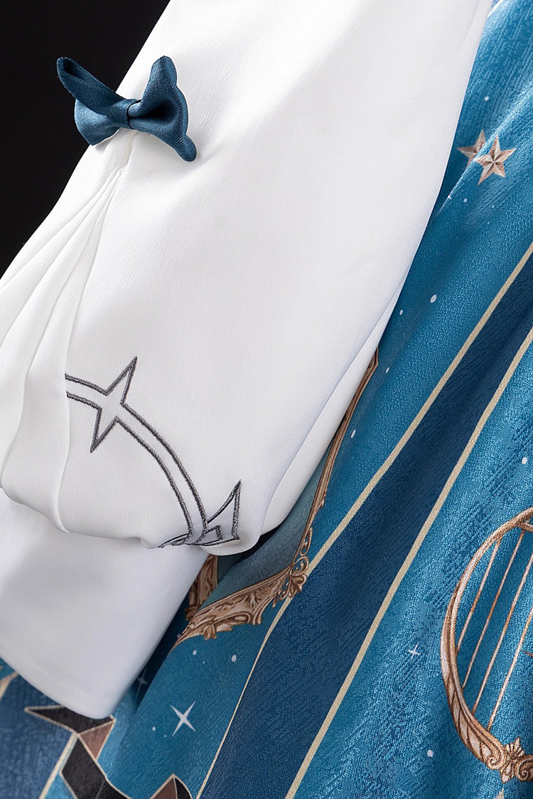 Blue/Green Genshin Impact Lynette Korean Cafe Style Cosplay Long Sleeves Print Bowknot Lace Sweet Lolita Dress Set