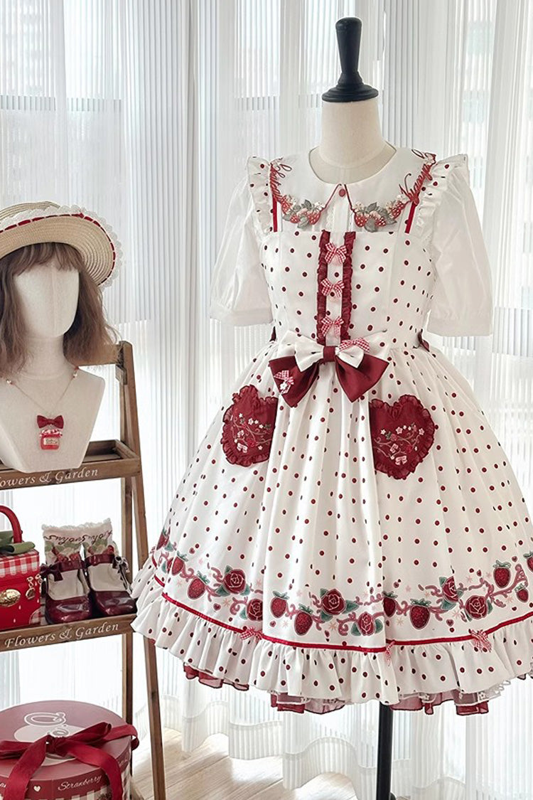 White Strawberry Diary Print Ruffle Bowknot Sweet Lolita Jsk Dress