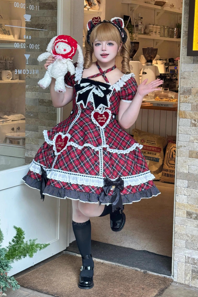 Red Shibuya Sweetheart Short Sleeves Plaid Print Ruffle Bowknot Sweet Lolita OP Dress (Plus Size Support)