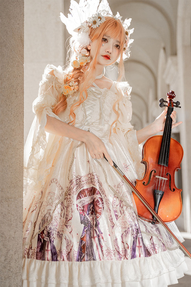 Ivory Ancient Mythology Angel Wings Print Mesh Stitching Bowknot Ruffled Gothic Lolita Jsk Dress
