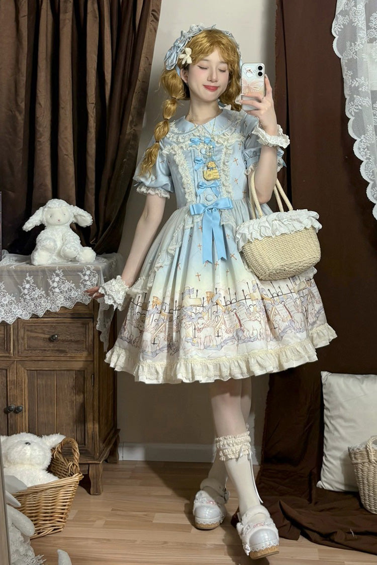 Blue Angel Lamb Lapel Collar Short Sleeves Printed Ruffled Bow Sweet Lolita Dress