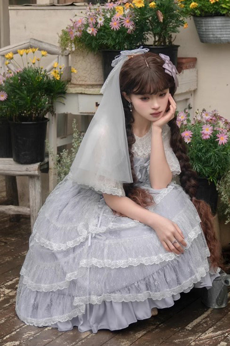 Blue Iris Love Multi-layer Jacquard Bowknot Sweet Elegant Princess Lolita Jsk Dress