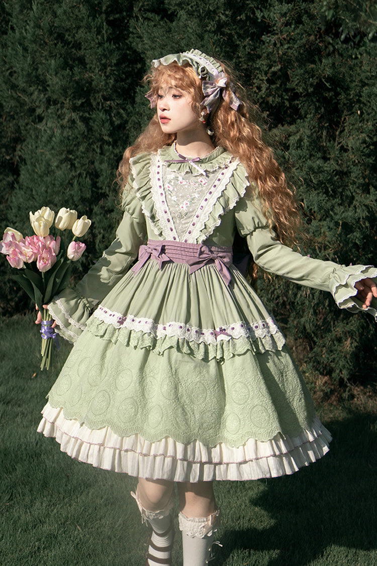 Green Solitary Orchid In Quiet Valley Long Sleeves Multi-Layered Embroidery Bowknot Sweet Lolita Dress