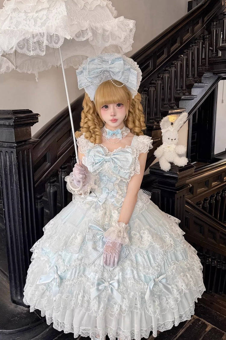 Blue Sakura Dream Romance Sleeveless Multi-Layered Ruffled Hanayome Bow Lace Sweet Princess Lolita Jsk Dress