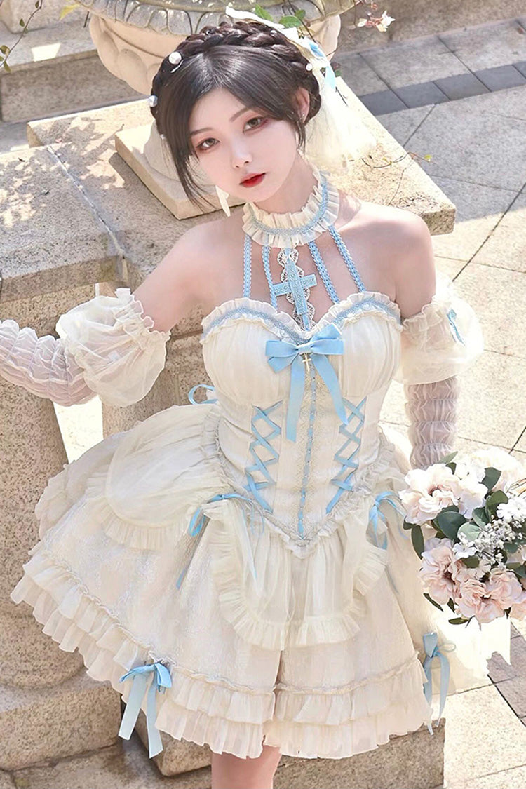 Blue/Ivory Tube Top Sleeveless Ruffle Bowknot Gothic Lolita Jsk Tiered Dress
