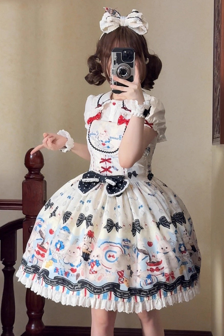 Beige Mystery Rabbit Tea Party Sleeveless Print Ruffle Bowknot Lace Sweet Lolita Jsk Dress