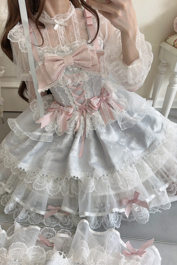 Blue Fleishi Island Sleeveless Ruffle Bowknot Lace Slim Sweet Ballet Lolita Jsk Dress