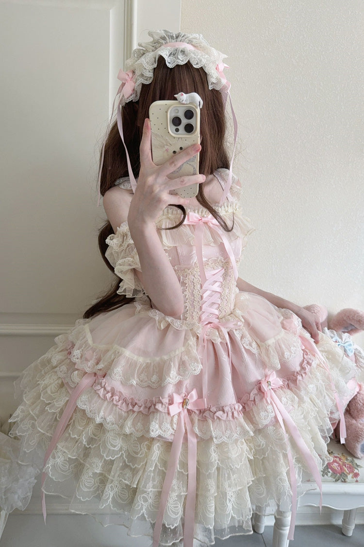 Pink Ribbon Heart Love Sleeveless Multi-Layered Ruffle Bowknot Lace Lace-Up Sweet Princess Ballet Lolita Jsk Dress