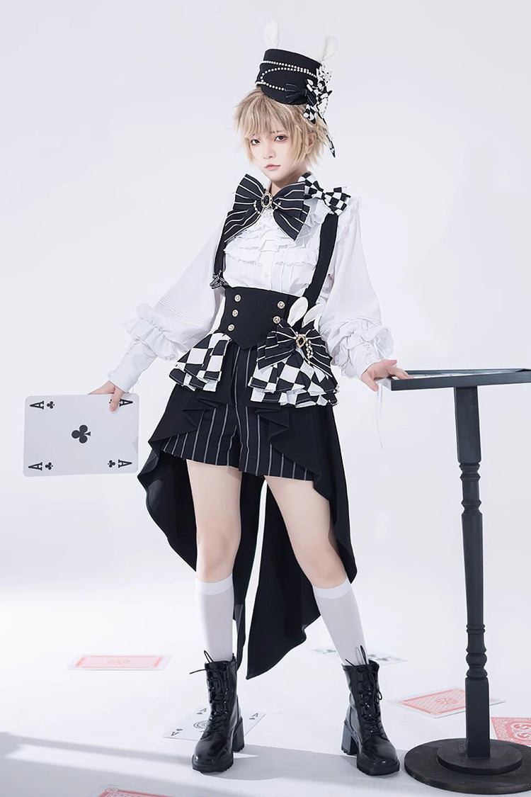 Black/White Rabbit Theater Checkerboard Print Ouji Lolita Waist Bowknot