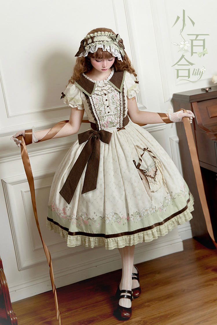 Green/Ivory Lily Short Sleeves Print Ruffle Embroidery Bowknot Lace Sweet Elegant Lolita Dress