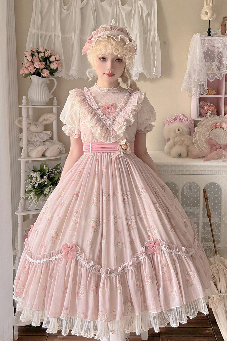 Daydream Rose Short Sleeves Floral Jacquard Print Ruffle Embroidery Bowknot Sweet Lolita Dress 3 Colors