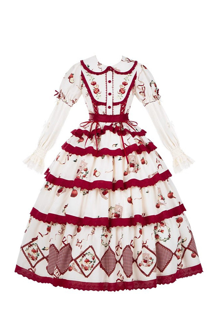 Red/Beige Triple-Layered Apple Orchard Print Ruffle Embroidery Sweet Lolita Long Skirt
