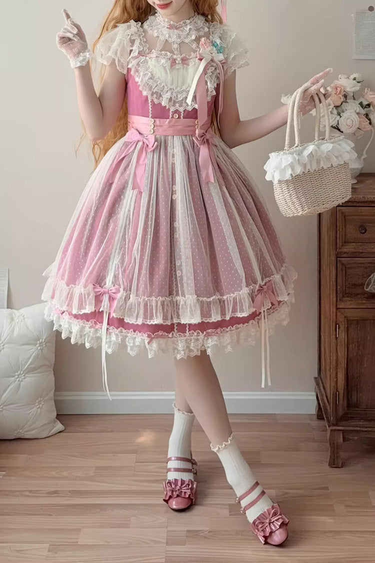 Rose Red Sakura's Spring Resonance Sleeveless Ruffled Bow Sweet Lolita Jsk Dress (Short Version)