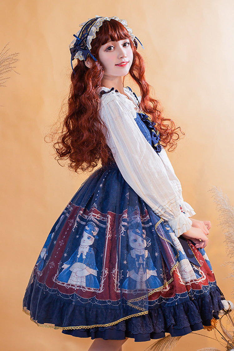 Royal Court Lace Chiffon Waist Bow Cat Printed Sweet Lolita Jsk Dress