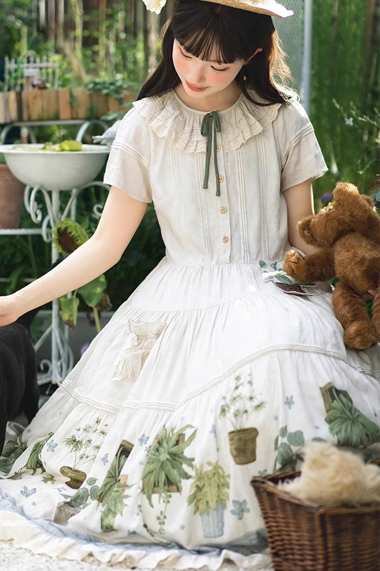 Ivory Potted Plant Short Sleeves Print Ruffle Sweet Lolita Dress