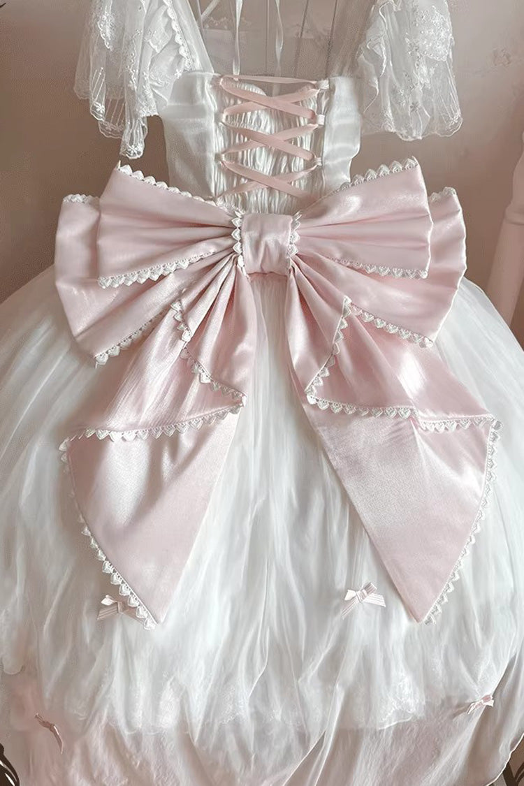 White/Pink Snow of Love Ruffled Hanayome Open-Front Bow Lace Sweet Princess Lolita Dress