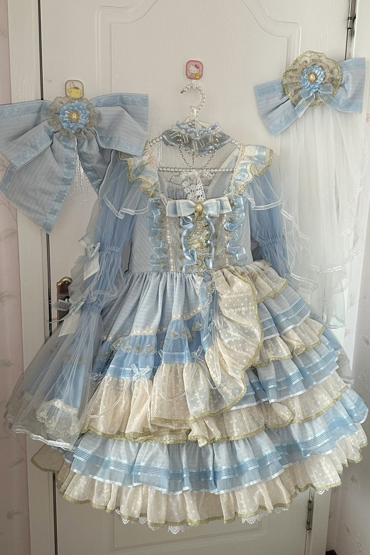 Blue Multi-Layered Ruffle Hanayome Bowknot Lace Sweet Princess Lolita Dress