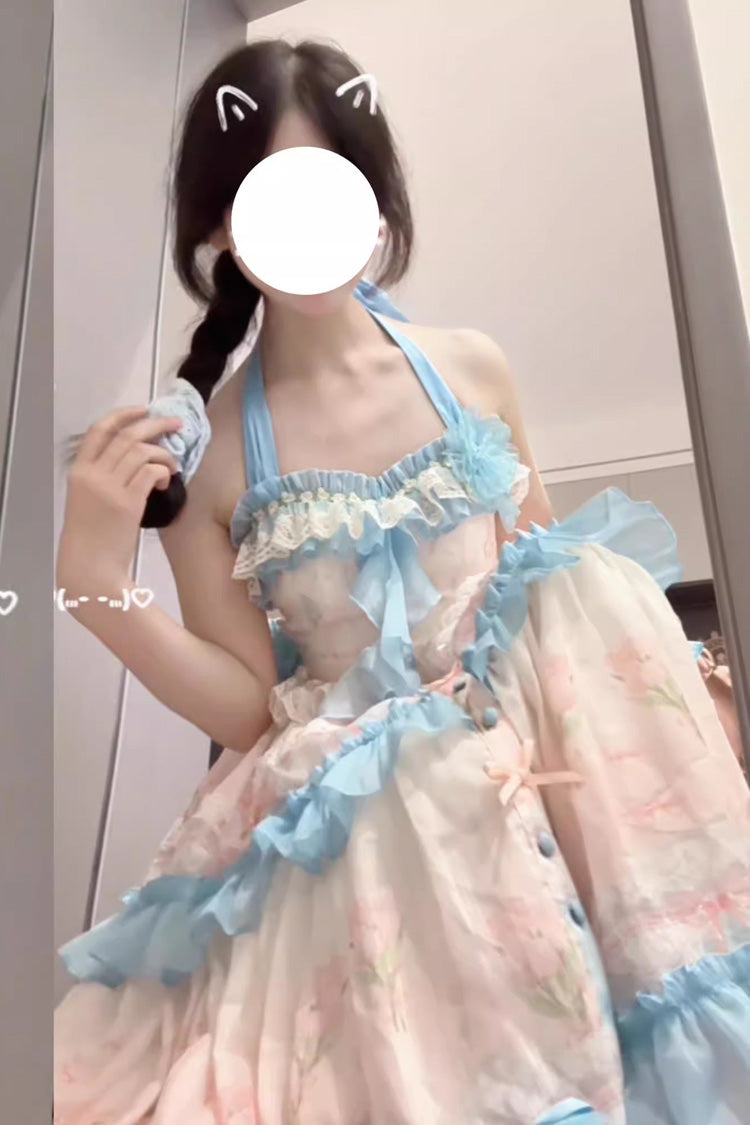 Blue/Pink Meet the Sea Triple-Layered Print Backless Ruffle Sweet Lolita Dress