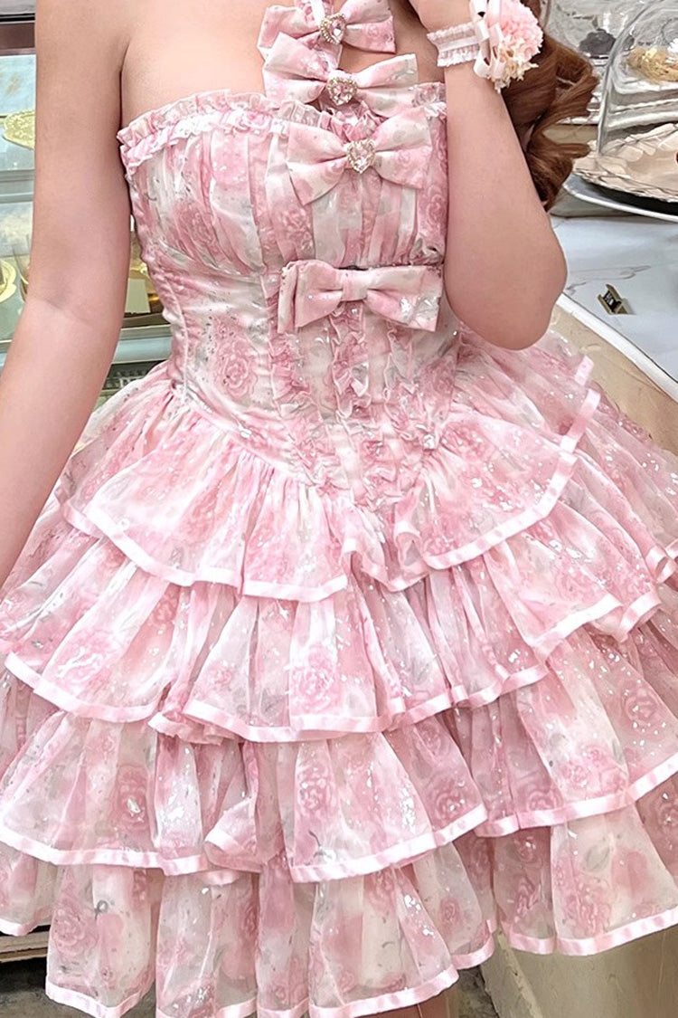 Pink Broken Silver Rose Halterneck Sleeveless Multi-Layered Ruffle Bowknot Sweet Princess Lolita Tiered Dress