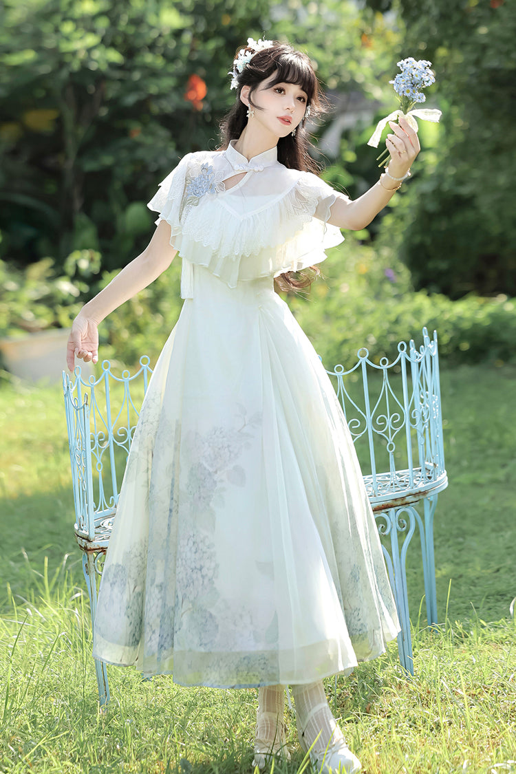 White Hydrangea Message Short Sleeves Print Ruffle Lace Sweet Chinese Style Elegant Lolita Dress