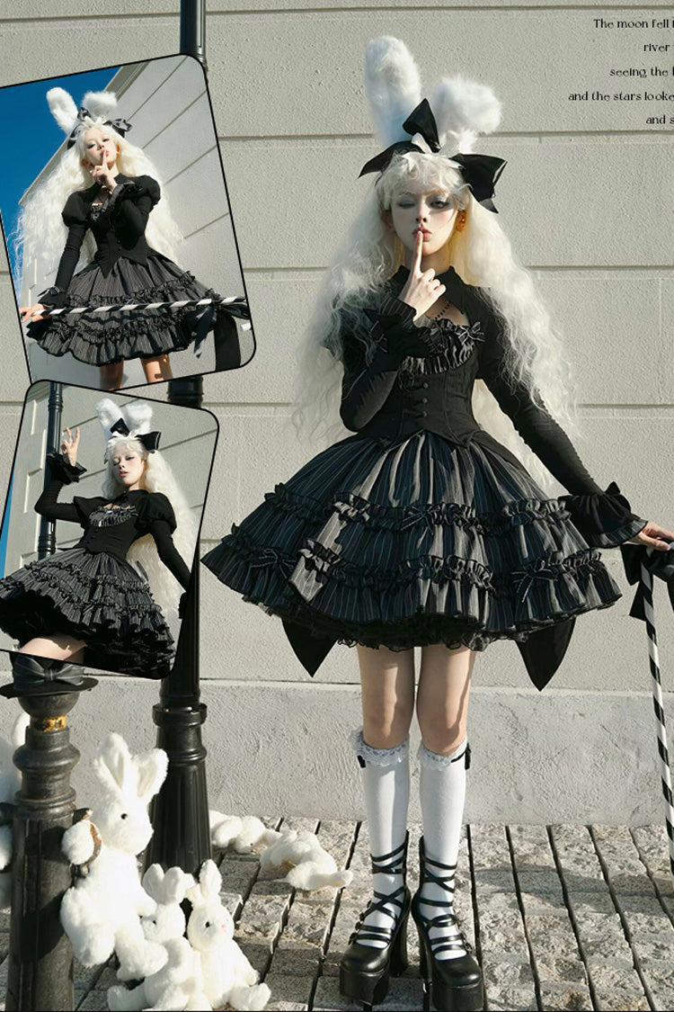Black Duke of the Trap Rabbit Long Sleeves Stripe Print Ruffle Bowknot Lace Gothic Lolita Dress