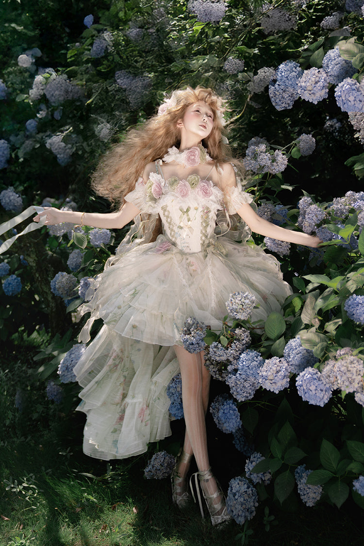 Green Spring Rose Sleeveless Multi-Layered Bowknot Lace-Up Fishbone Sweet Lolita Jsk Dress
