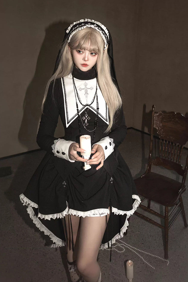 Black/White Peace Prayer Long Sleeves Ruffle Bowknot Asymmetric Gothic Lolita Skirt Set