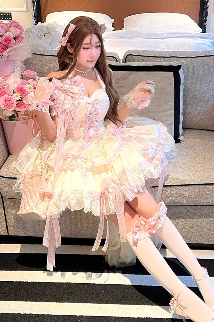Pink Young Lady Halterneck Sleeveless Multi-Layered Ruffle Bowknot Elegant Princess Sweet Lolita Dress