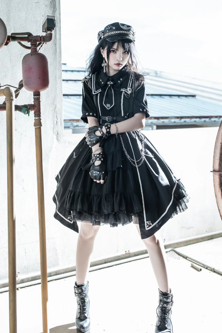 Black Sunset Universe Short Sleeves Cardigan Lace Gothic Military Handsome Lolita Dress Full Set