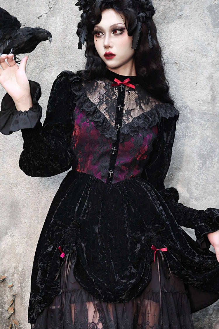 Black/Red Rose Cemetery Long Puff Sleeves Hollow Lace Gothic Lolita Dress