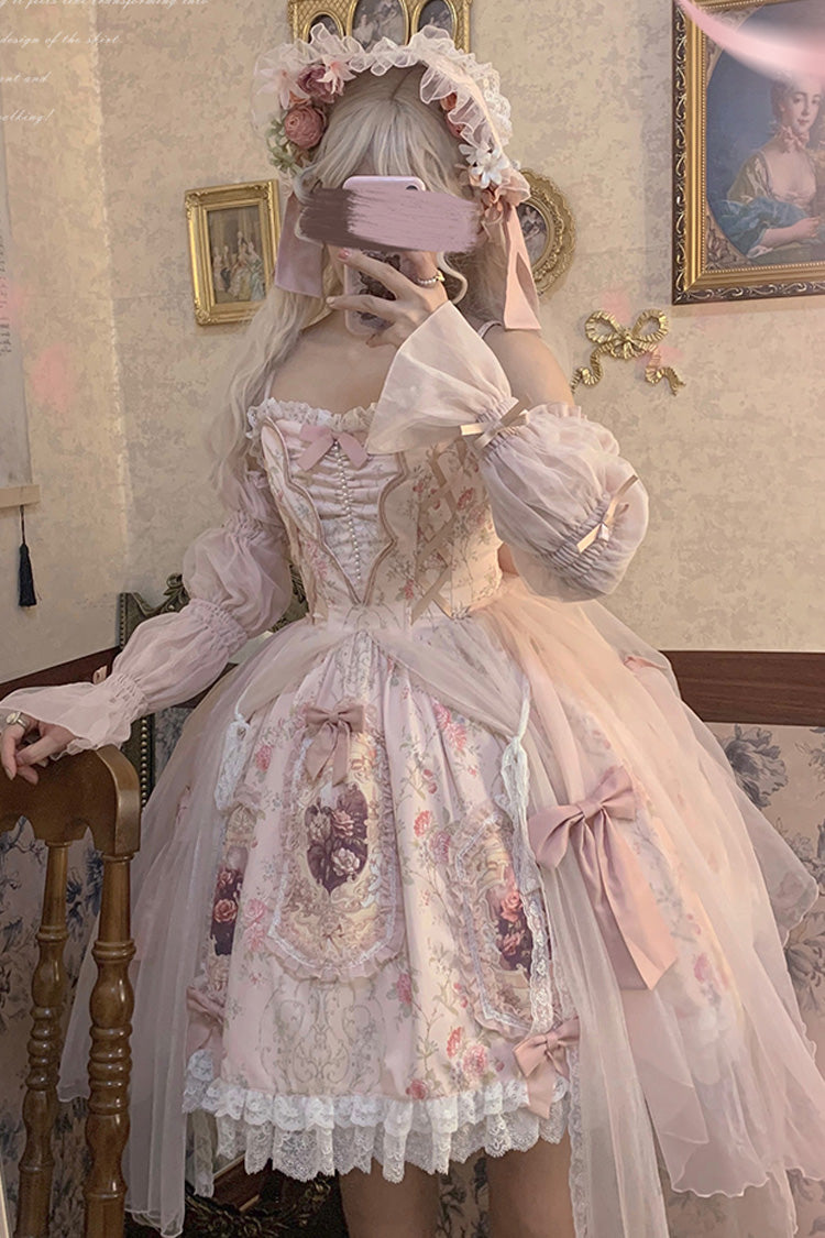 Pink Rose Window Print Ruffle Bowknot Lace Sweet Elegant Princess Lolita Jsk Dress