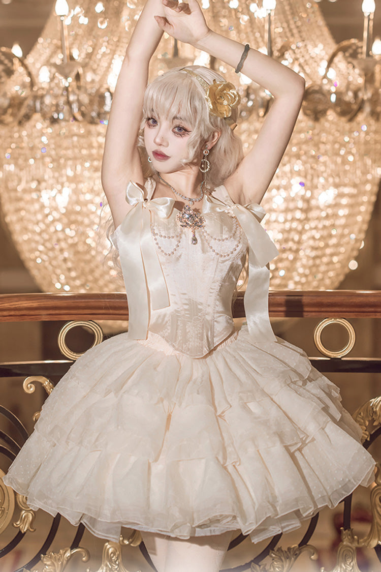 Champagne Cream Polka Dots Sleeveless Jacquard Bowknot Slim Sweet Ballet Lolita Skirt Dress