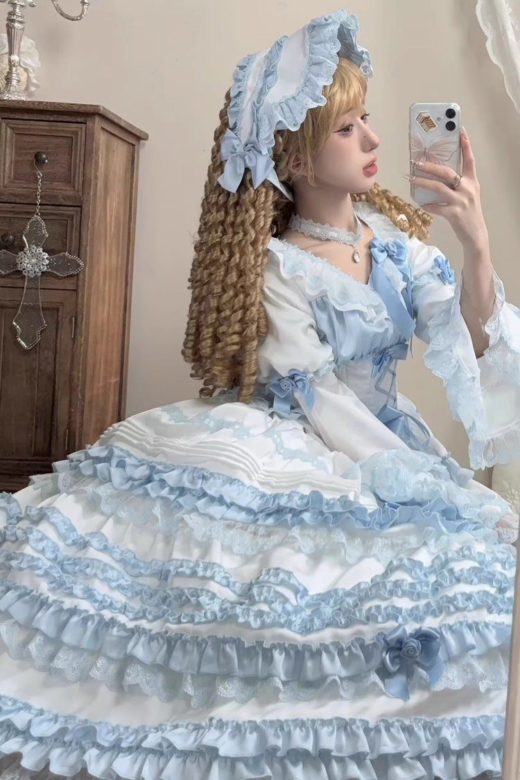 White/Blue Layered Sea Salt Ice Short Sleeves Ruffle Bowknot Lace Sweet Lolita Dress