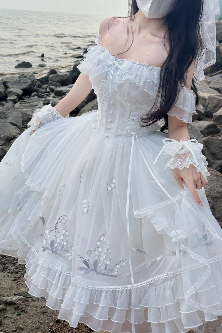 White Love Is Coming Multi-layer Ruffle Embroidery Bowknot Sweet Princess Lolita Jsk Dress