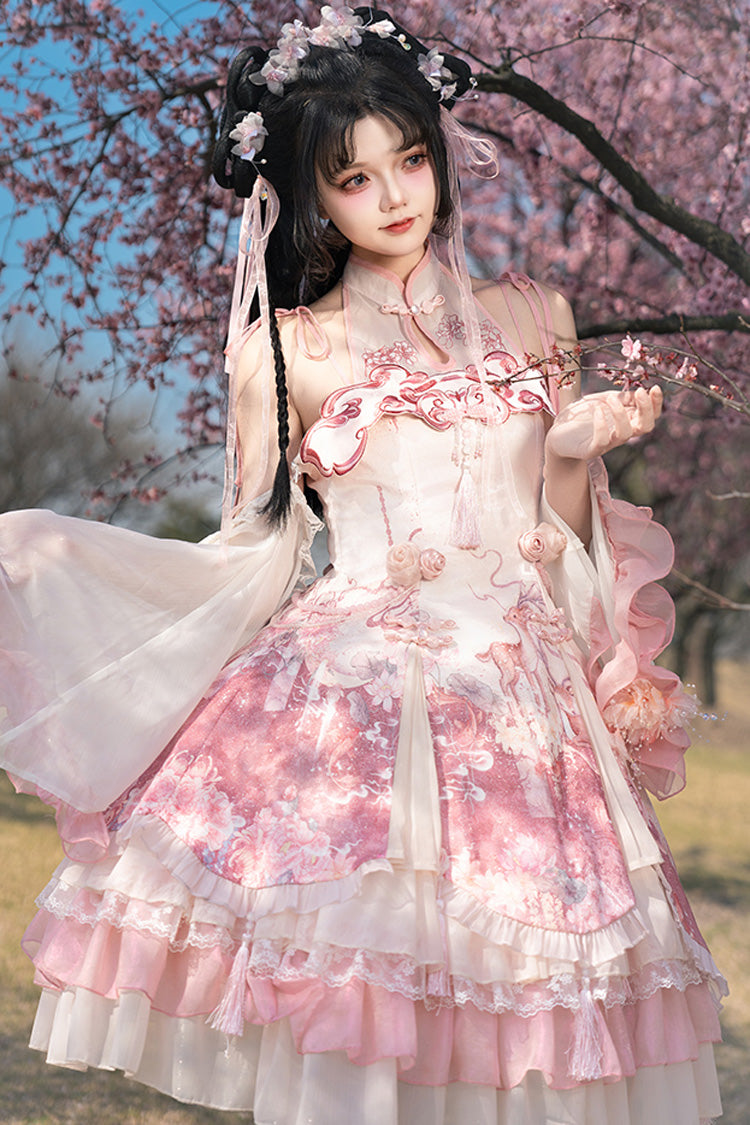 Pink Flower Feast Multi-Layered Print Ruffle Bowknot Sweet Chinese Style Lolita Jsk Dress