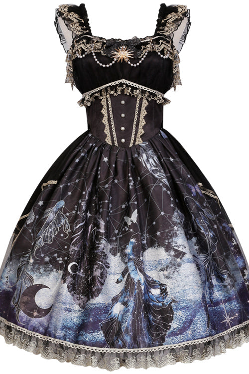 Black Ruffled Bow Star Moon Mermaid Print Gothic Lolita JSK Dress