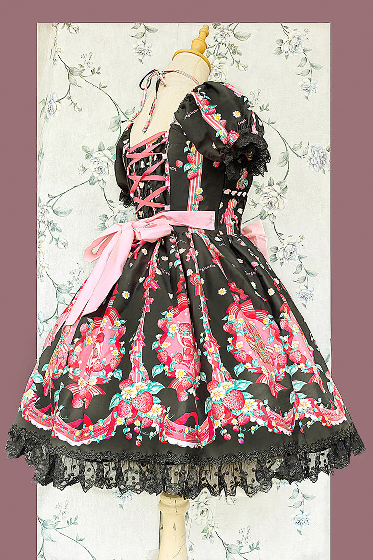 Strawberry Chef Short Sleeves Print Bowknot Lace Sweet Lolita Dress 4 Colors
