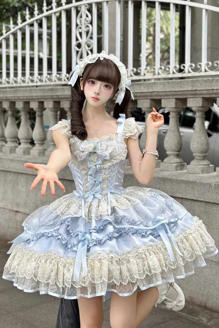 Blue Dreaming Butterfly Multi-Layered Jacquard Ruffle Bowknot Lace Sweet Princess Lolita Jsk Dress