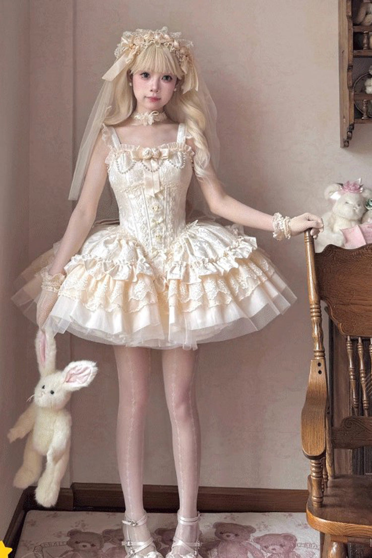 Ivory Fleeting Light and Shallow Dream Sleeveless Multi-Layered Ruffle Bowknot Lace Slim Sweet Ballet Lolita Jsk Dress