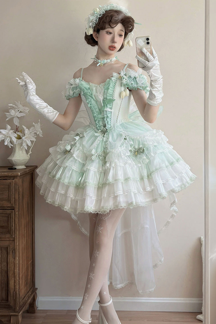 Green Tulip and Wind Chime Multi-Layered Ruffle Bowknot Lace Sweet Gorgeous Lolita Jsk Dress